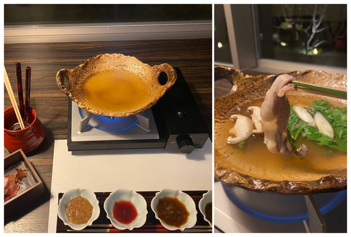 付けダレは、左から「木の実たれ」、「太白ごま油 フルーツ甘煮」、「かぼすおろし」、「黄身醤油」の4種類