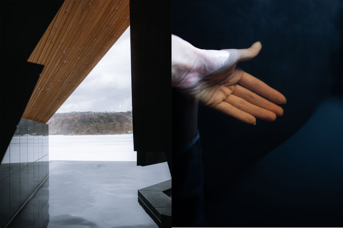 （左）「△湯」から見える雪景色　（右）茶褐色のモール温泉