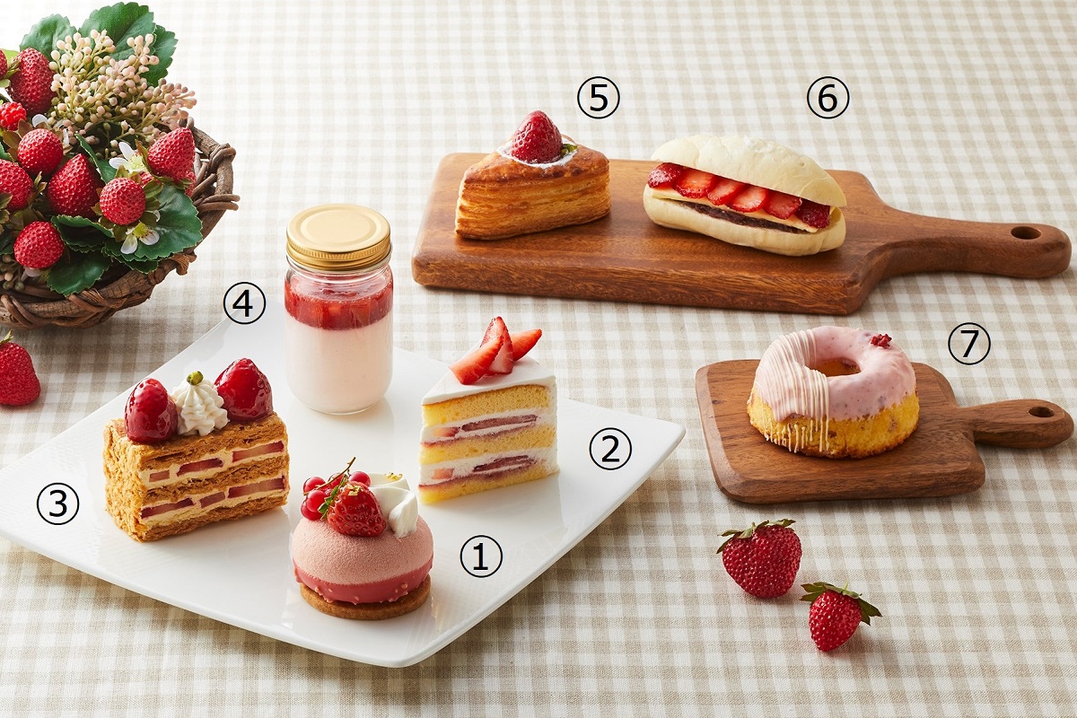 ①フレーズショコラ、②ストロベリーショートケーキ、③ナポレオンパイ、④ストロベリープリン、⑤ストロベリーデニッシュ、⑥ストロベリーヴィエノワーズ、⑦ストロベリーベイクドドーナツ