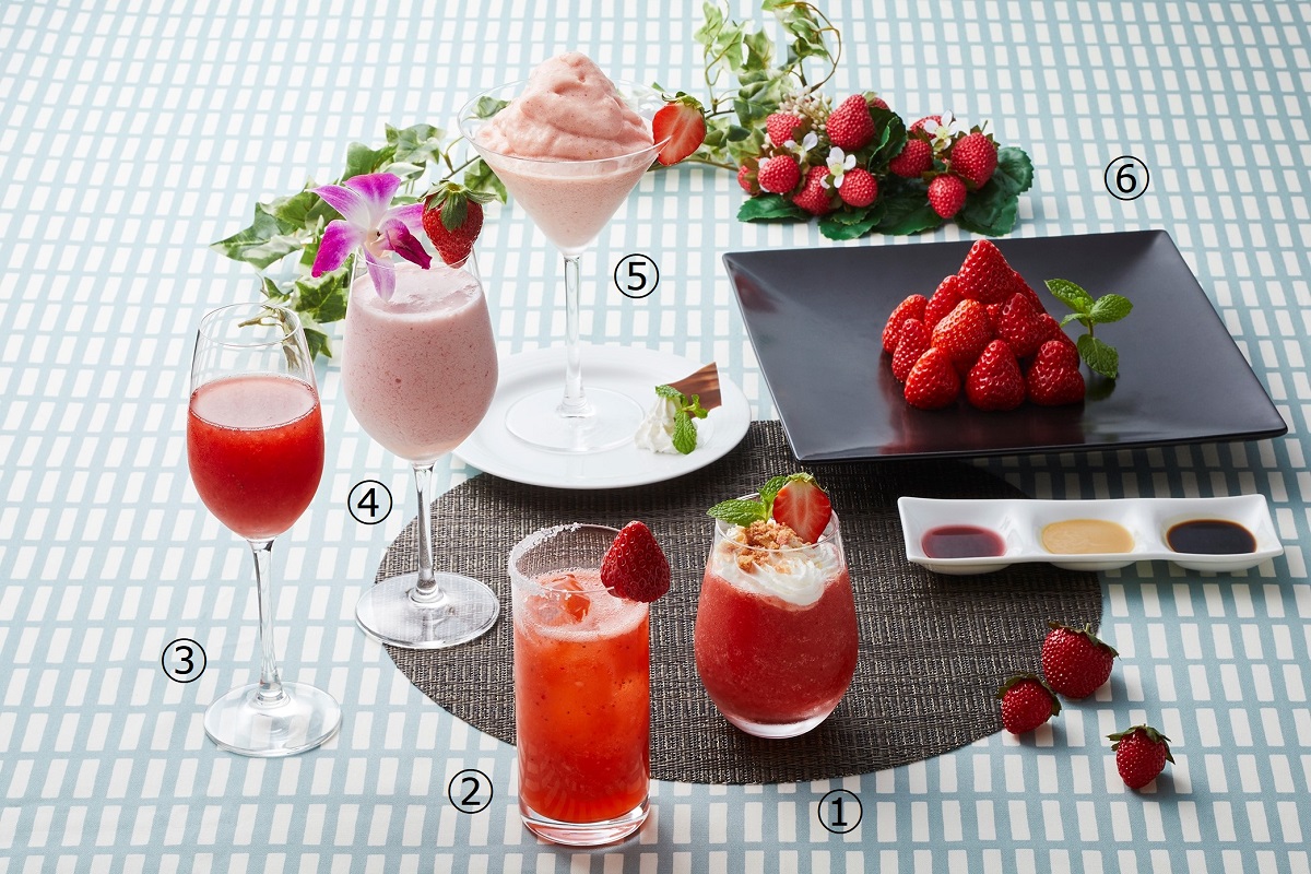 ①Frozen Cookie Strawberry、②Strawberry Paloma、③Strawberry＆Champagne、④シナモン香るStrawberry Lassi、⑤Strawberry Amaretto Dolce、⑥Strawberry Pyramid