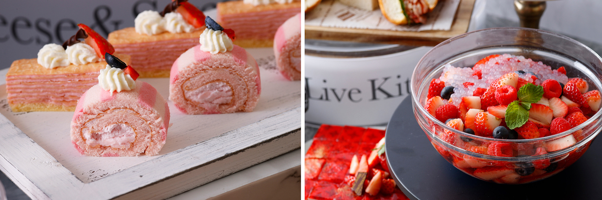 （左）見た目の華やかな「苺のロールケーキ」（右）いちごをたっぷり使った「苺のスープ」