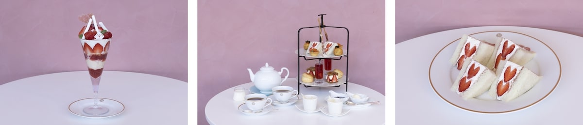 左から「資生堂パーラー ザ・ハラジュク」の「佐賀県産 “いちごさん”ショートケーキのようなスペシャルパフェ」1980円、「佐賀県産“いちごさん”づくしの「アフタヌーンティー」」3300円 ※平日限定、「佐賀県産“いちごさん ハートを愛でる”いちご♡さんど」1870円