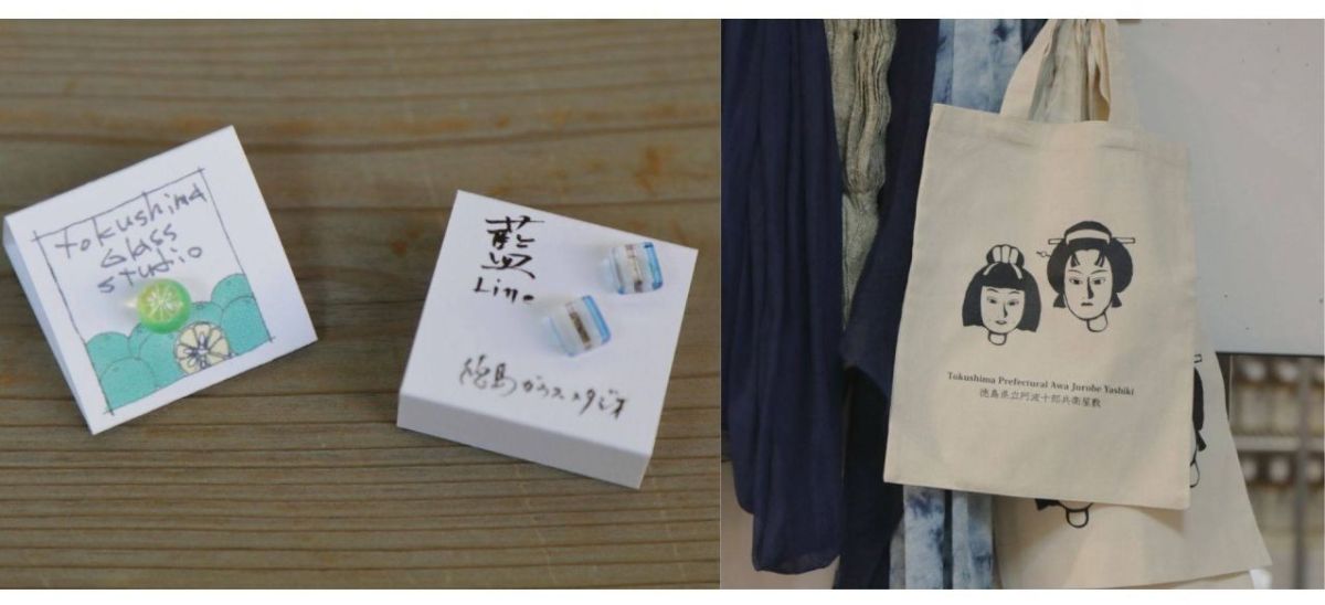 （左）すだちピアス1000円と藍Lineピアス1800円／（右）オリジナルトートバッグ600円