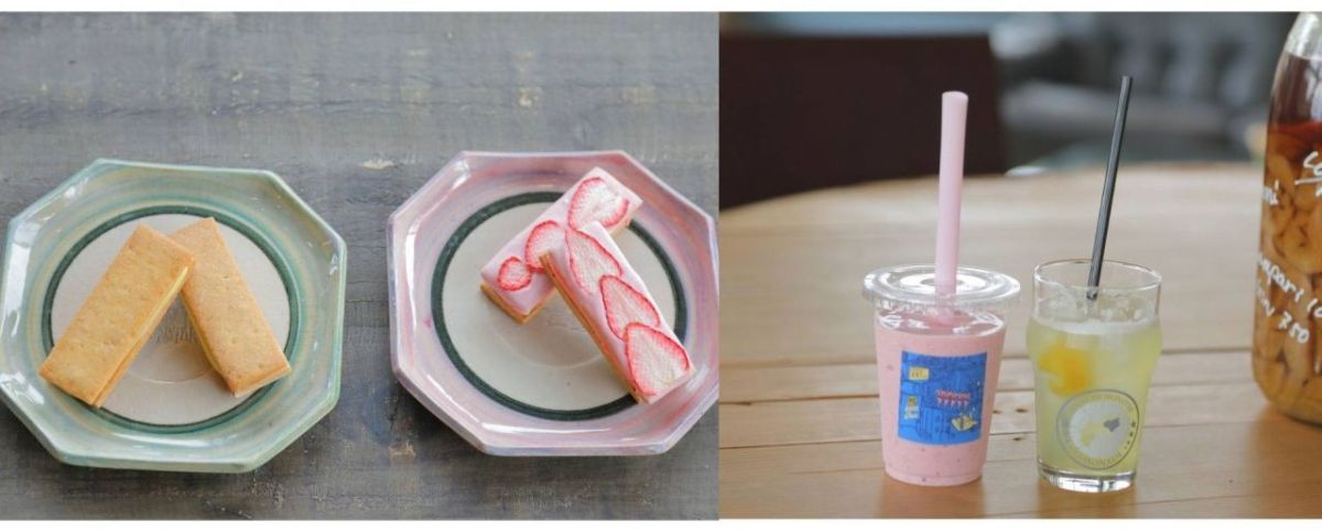 （左）「鳴門金時のクリームサンド」418円（2本）と「うずしおベリーのクリームサンド」605円（2本）／（右）「ストロベリーモンスターシェイク」550円と「すだちレモネード」450円