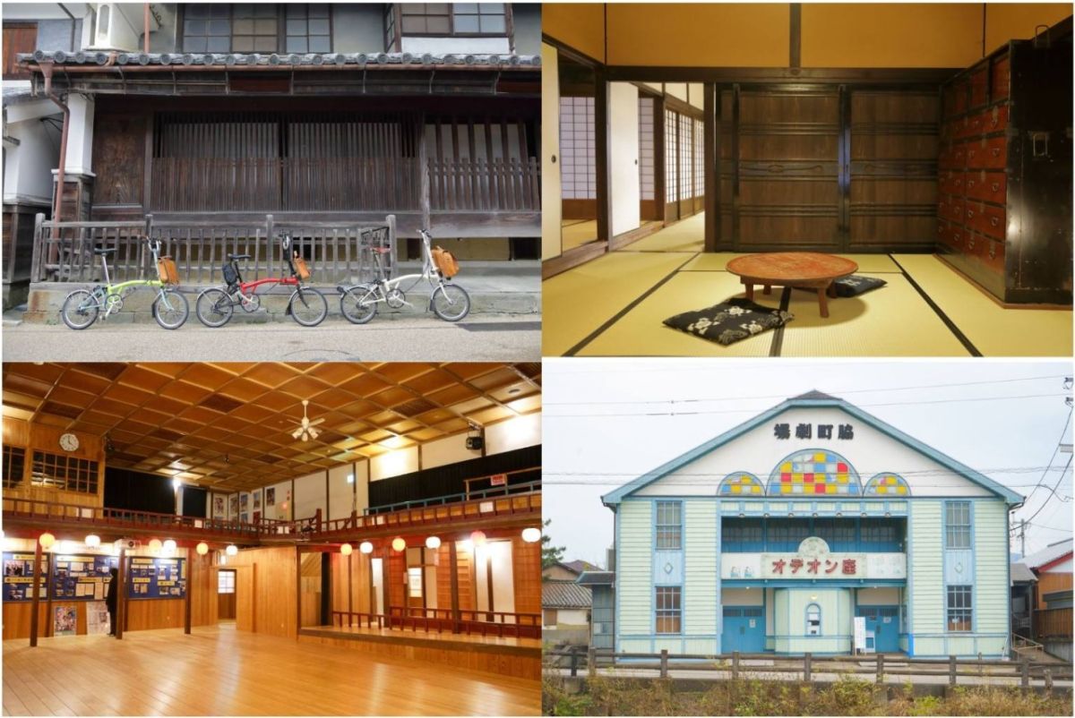 （左上）散策と自転車でうだつの町並み周辺をめぐるポタリングツアーも催行 （右上）吉田家住宅、（左下、右下）オデオン座