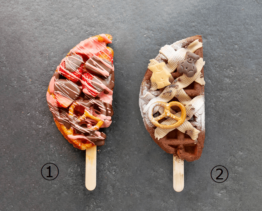 Wafla／「バレンタインクロッフル」 左①ストロベリーラズベリー1本 810円、右②ショコラマロン1本 756円