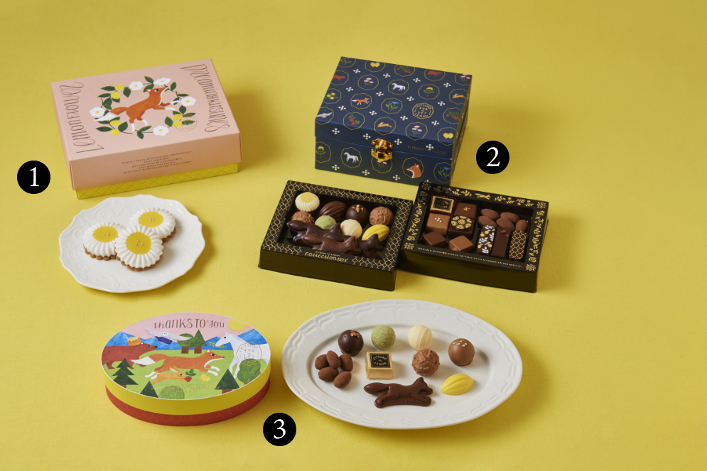 キツネとレモン／「①夢見るキツネのレモンフラワー（6個入）1404円、②コレクションボックス（25個入）2916円、③サンクストゥ―ユーの旅（13個入）1080円