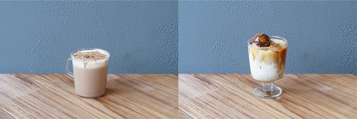 (右)「チョコレートカプチーノ(HOT)」650円、(左)「アフォガートモカ(ICE)」700円