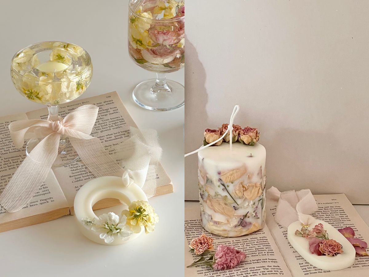 （写真左）「ジェルキャンドルホルダー（アロマワックスタブレット）」6800円（右）「ブーケキャンドル（アロマワックスタブレット）」6500円