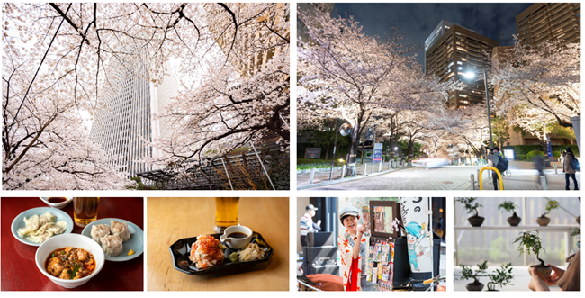 下段左から、成都正宗担々麺 つじ田「ちょい飲みセット」、日本橋海鮮丼 つじ半「海鮮さくら盛りセット」、「ちっちの紙芝居」、ものづくりワークショップ「小さな盆栽づくり」