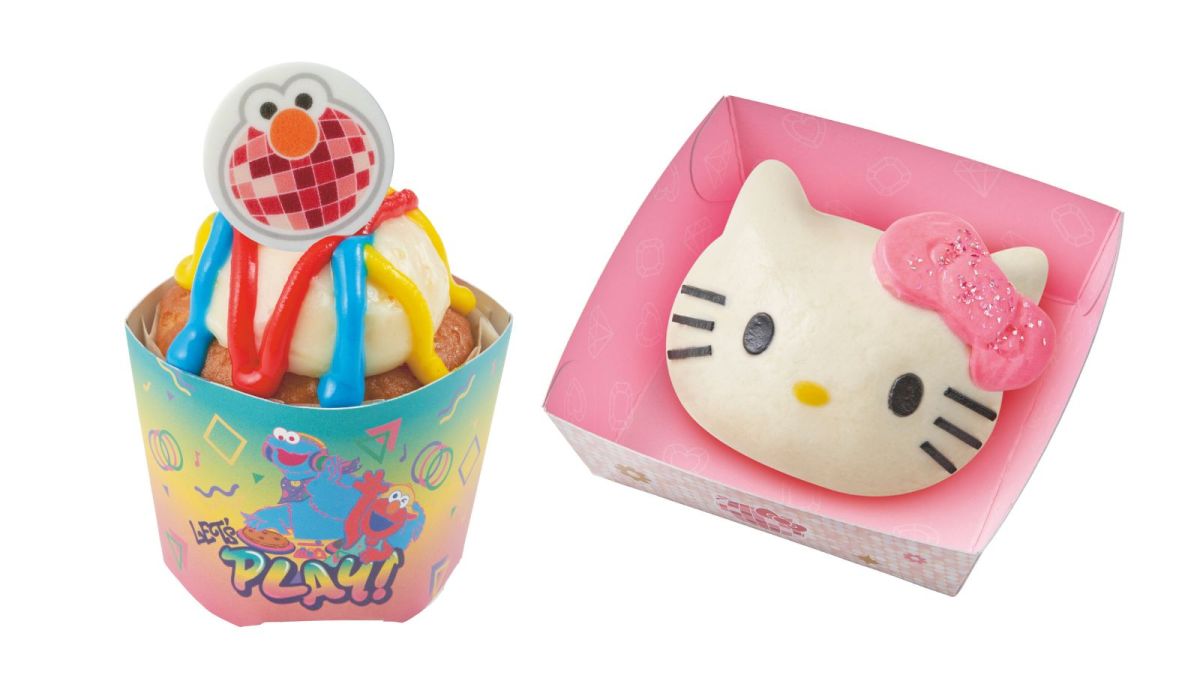 Lets' Dance!セサミストリートTMのオレンジカップケーキ（左・550円）、キラキラリボンのハローキティまん～チーズ＆ポーク～（右・650円）／販売場所：スタジオ・スターズ・レストラン横カート