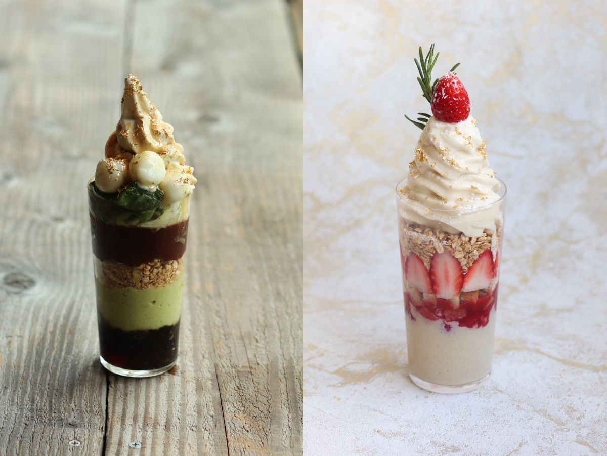 （左から）「国産ずんだと抹茶わらび餅の“和”パフェ」1848円、「ヴィーガンストロベリーショートケーキパフェ」2288円 ※「ヴィーガンストロベリーショートケーキパフェ」は苺が入荷する時期だけのシーズナルメニュー