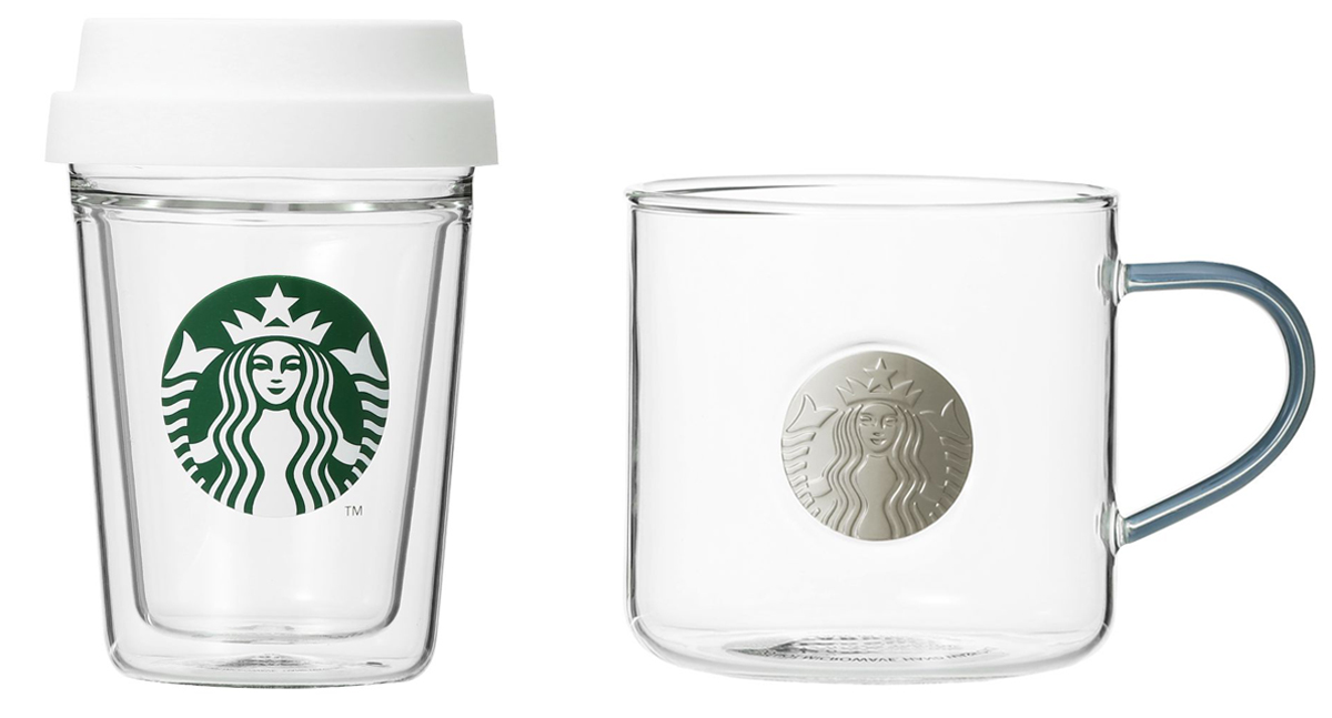 「ダブルウォール耐熱グラスカップ」296ml 3000円、「耐熱グラスマグメダルアッシュブルー」355ml 2700円