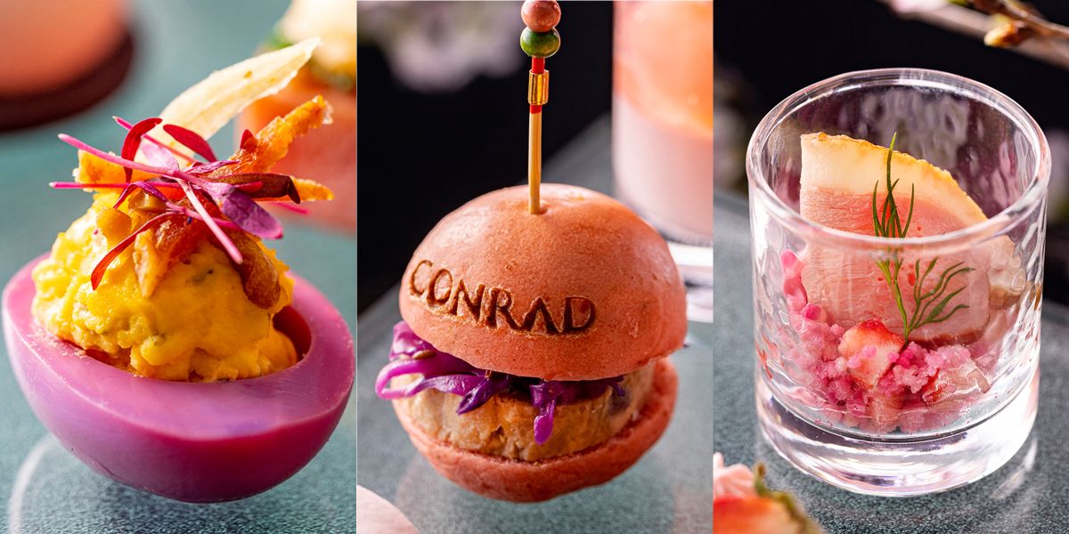 （写真左）「高知県産土佐ジロー スパイス胡桃と桜デビルエッグ」（中央）「黄金豚バラ肉のリエット 桜バンズ」（右）「スモークダック いちごとクスクスのタブレ」