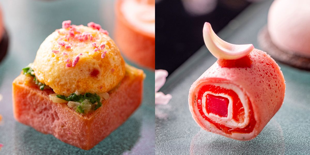 （写真左）「桜海老のスフレとキャベツのオンブール」（右）「サーモンとディルクリームポテトの桜クレープロール」