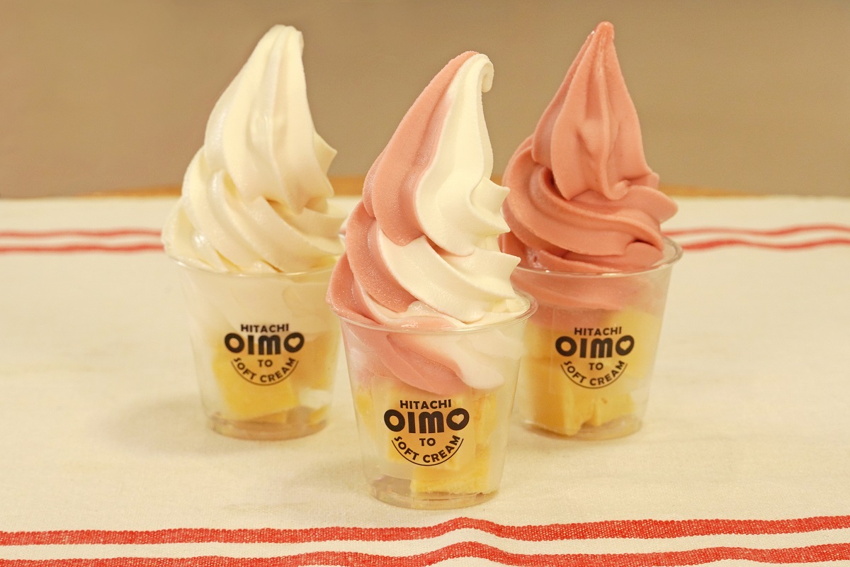 一口サイズのスイートポテトにソフトクリームをのせたひたちおいもTOソフトクリーム各580円