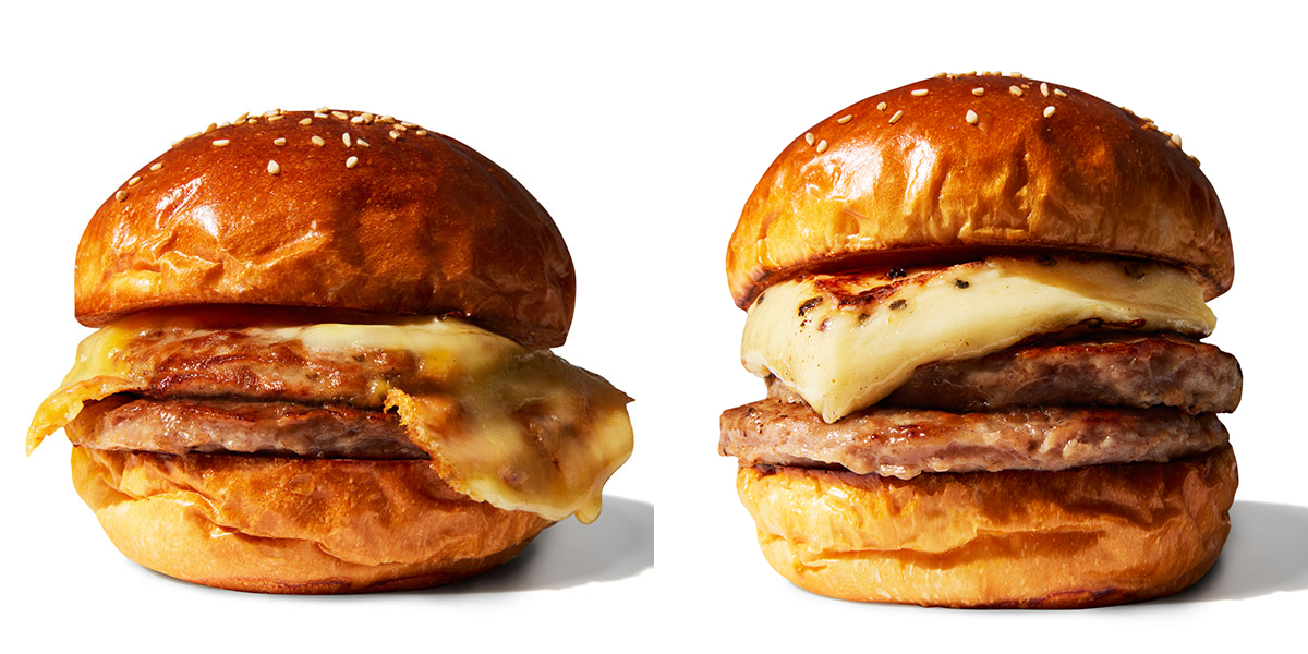 （写真左）「＃Burger01〈2種のチーズ〉」600円（右）「＃Burger02 〈ふわとろチーズ〉」 800円