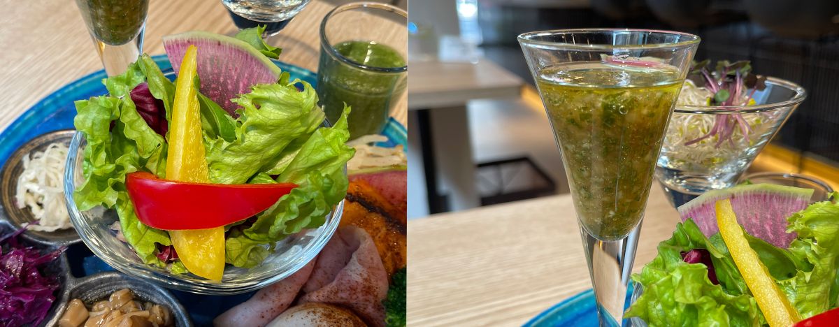 （写真左）「抗酸化野菜サラダ」（右）「自家製ドレッシング」
