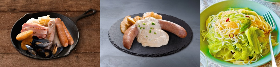 左から20thカーメリテンプレート、ビックフランクチーズフォンデュ、春キャベツのペペロンチーノ