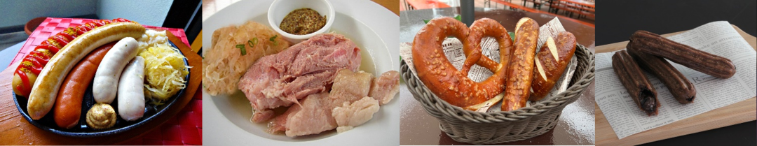 左からソーセージ盛り合わせ、アイスバイン、プレッツェル、チュロピー