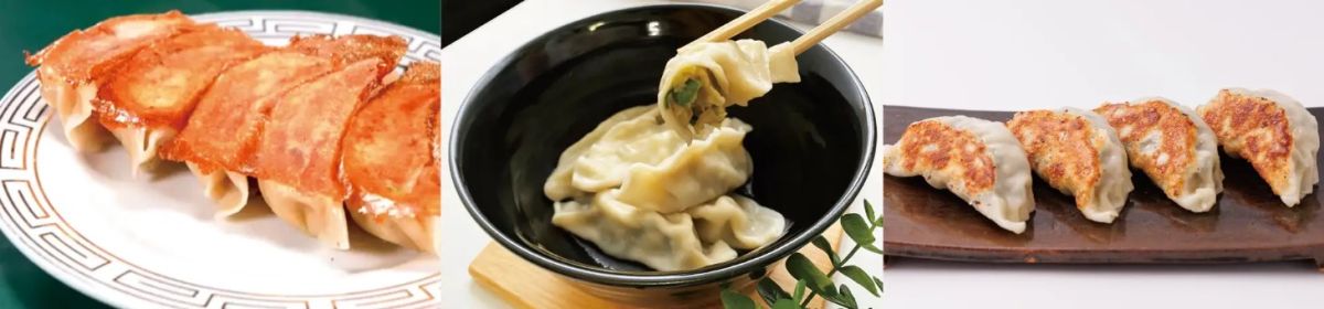 左から「おけいの焼き餃子」、「おけいの水餃子」、「山水樓 八ヶ岳ぎょうざ」各700円