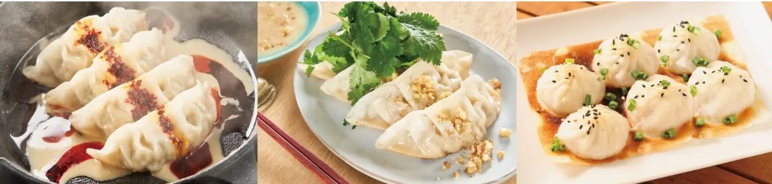 左から「担々餃子」、「パクチーくるみ餃子」、「羽根つき焼小籠包」各700円