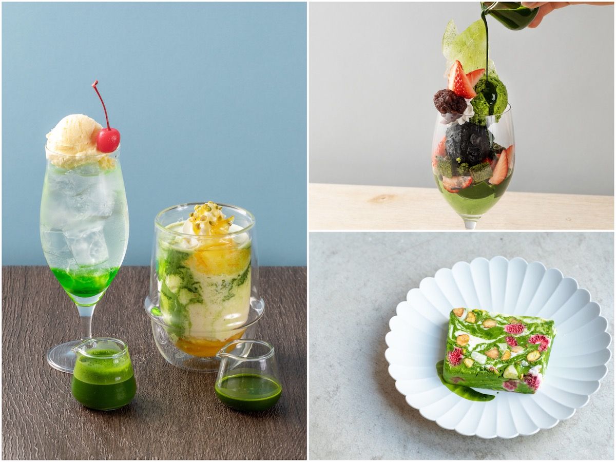 左から「MATCHAクリームソーダ」780円、「MATCHAゆずバニラ」870円、右上「黒胡麻MATCHAの抹茶パフェ」1740円、「MATCHAカッサータ　」850円