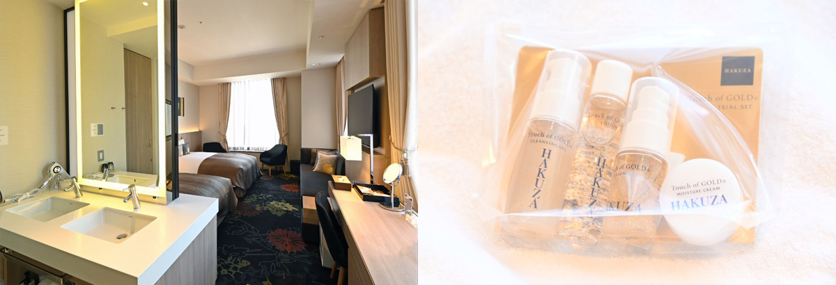 アメニティは、クレンジングジェル、化粧水、モイスチャークリーム、さらに美容金箔マスクが付いた「箔座コスメティックス」の特別ギフト。美容ブランド「ReFa」のシャワーヘッドが備えられたバスルームは、バス・トイレ・洗面台の三点分離式で使い勝手抜群！