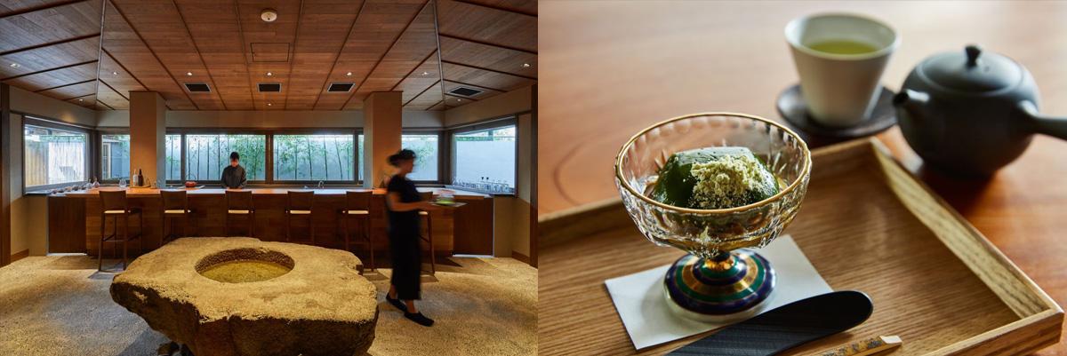 左から「茶寮 月かげ」、「自家製あんわらび餅」