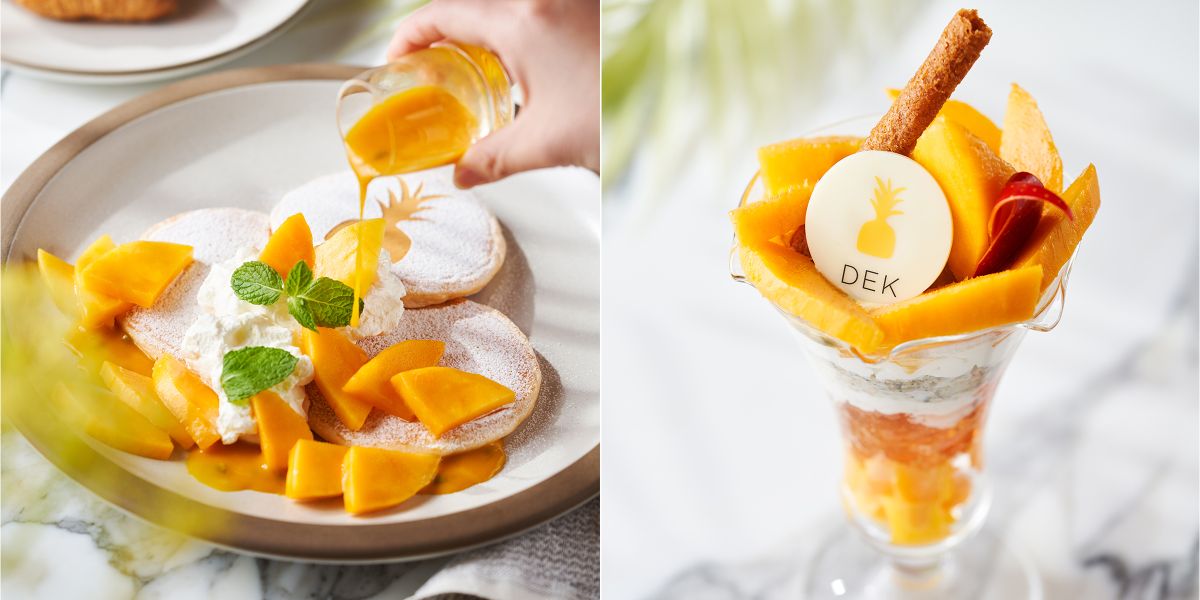 （写真左）「宮崎県産マンゴーのパンケーキ」、（写真右）「宮崎県産マンゴーのパフェ」各2300円
