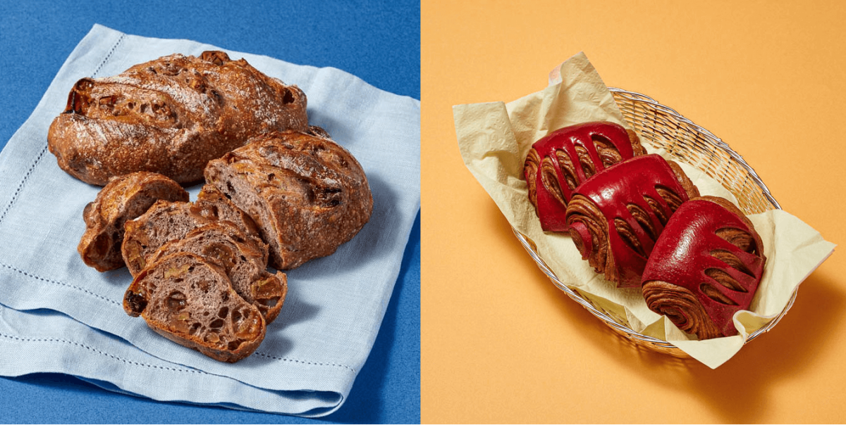 左から「⾚ワインのカンパーニュ・ノアレザンレスペクチュス・パニス製法」 351円、「フランボワーズのパン・オ・ショコラ」 331円