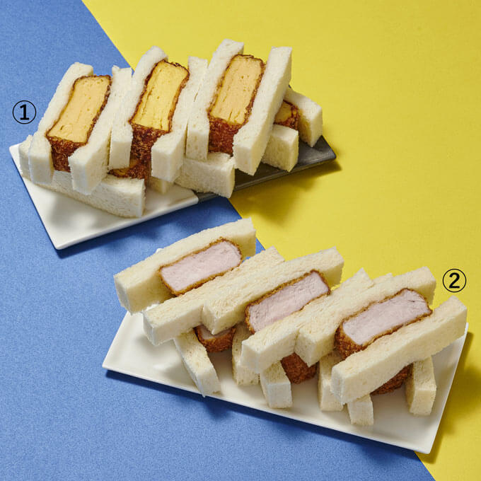 ①銀座のバーのタマカツサンド 2401円 (6切入) 1401円 (ハーフサイズ3切入) ※各日30点限り、②銀座のバーのカツサンド 2,401円 (6切入) 1,401円 (ハーフサイズ3切入) ※各日50点限り