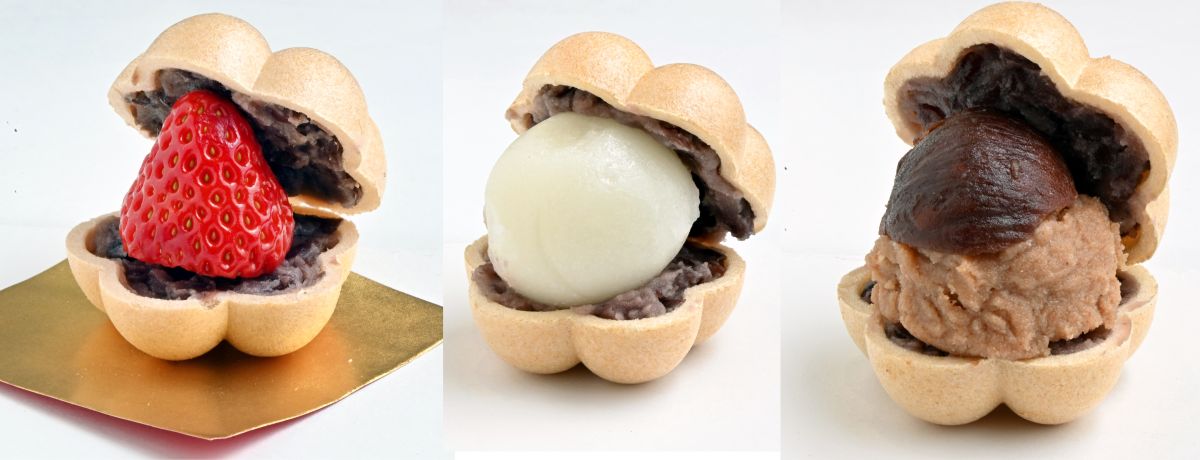 月見あん最中、渋皮モンブラン最中、一粒苺最中1個230円~(一粒苺最中は1~6月限定)