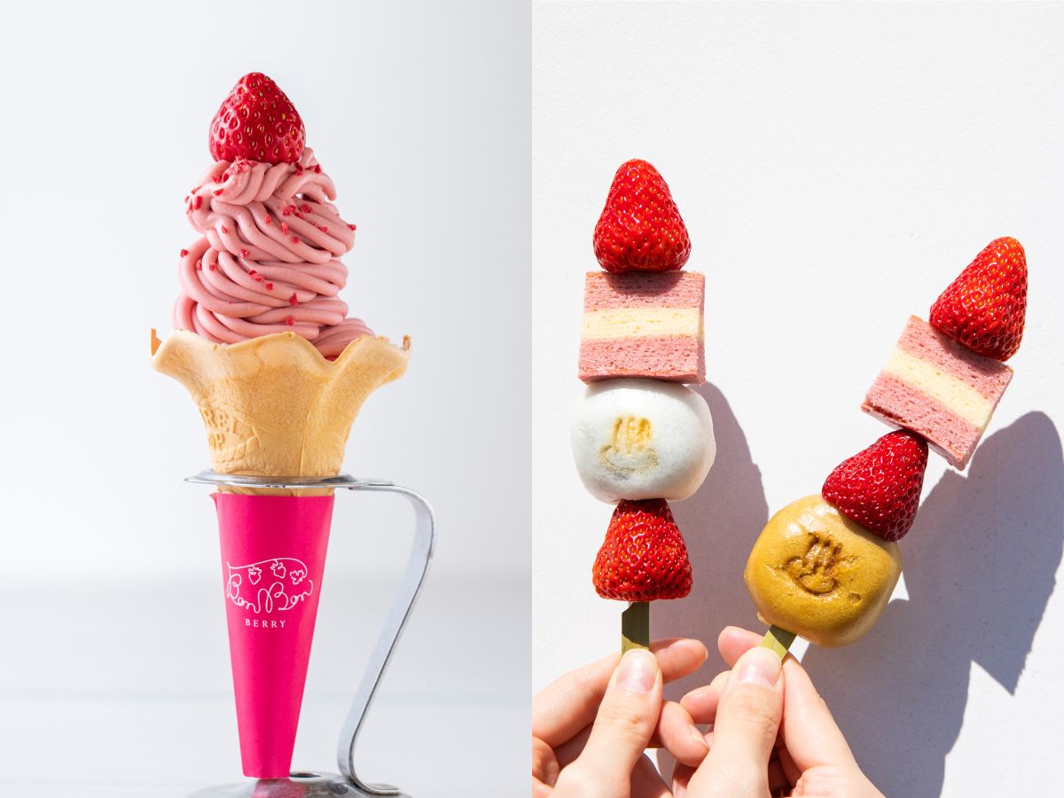 （写真左）「ボンボンソフト」500円、（写真右）「温泉まんじゅういちご串」1本 500円