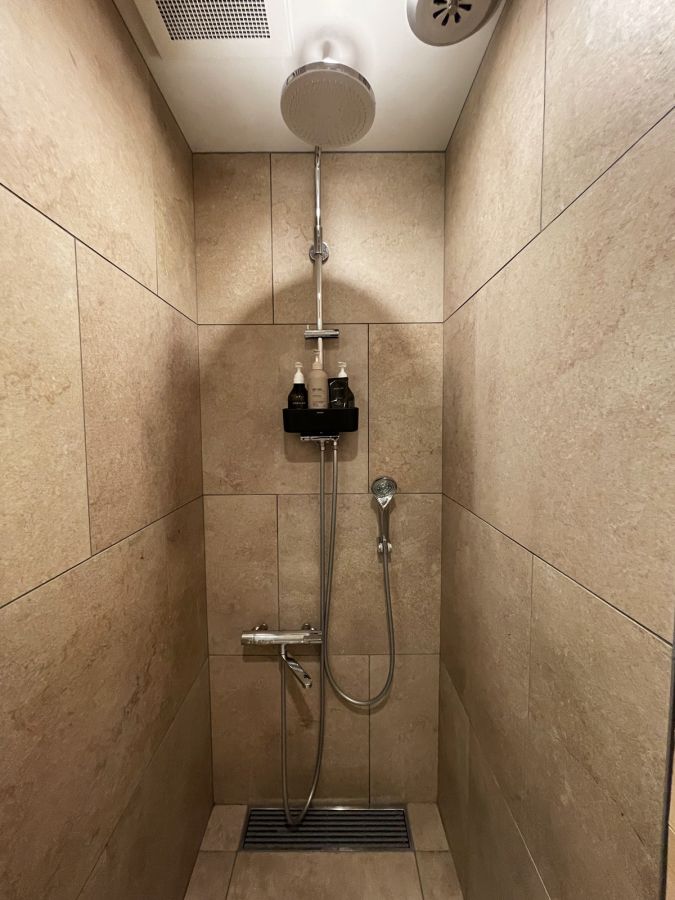 オーバーヘッドシャワーとハンドシャワーが両方完備されたシャワールーム