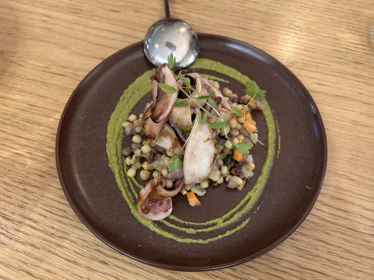 BBQ calamari, tarragon pesto, fregola sarda, balsamic vinegar sambal A$25