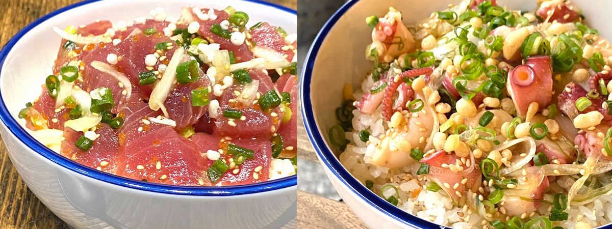 （写真左）「ガーリックアヒ」1600円、（写真右）「スパイシータコ」1600円