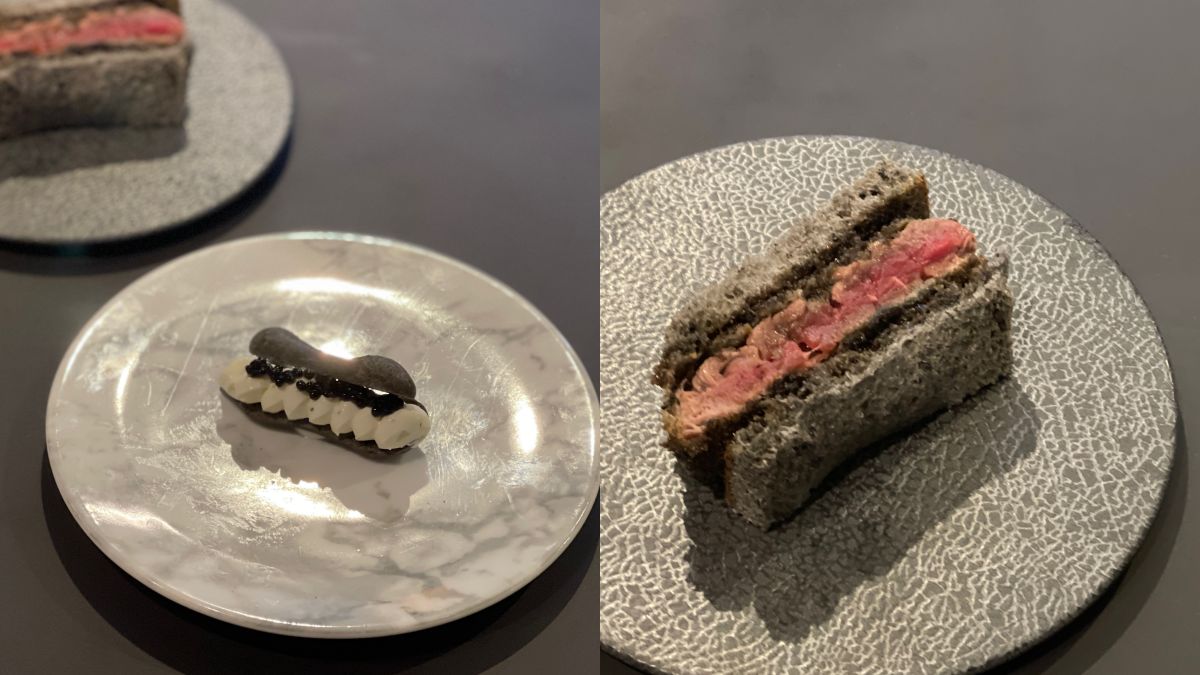 （左から）アミュース「エクレア」、ミニサンド「カツサンド」