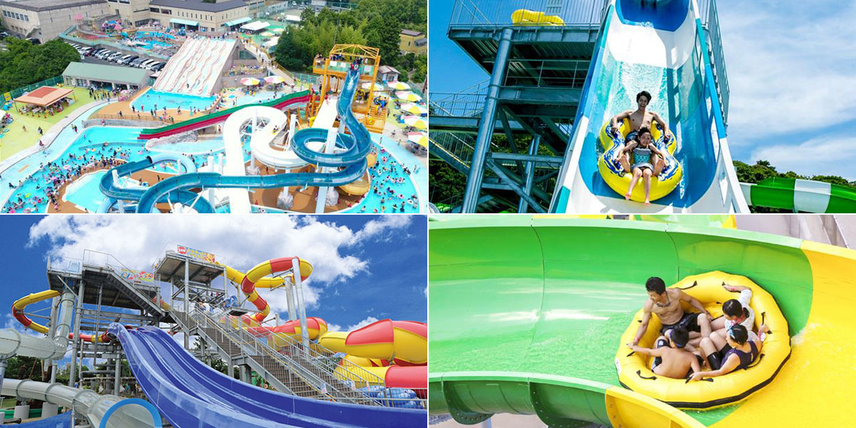 （左下から時計回りに）蓮沼ウォーターガーデン／サントピア岡山総社 レジャープールWAPS／ネスタリゾート神戸 “WATER FORT”／姫路セントラルパークアクエリア