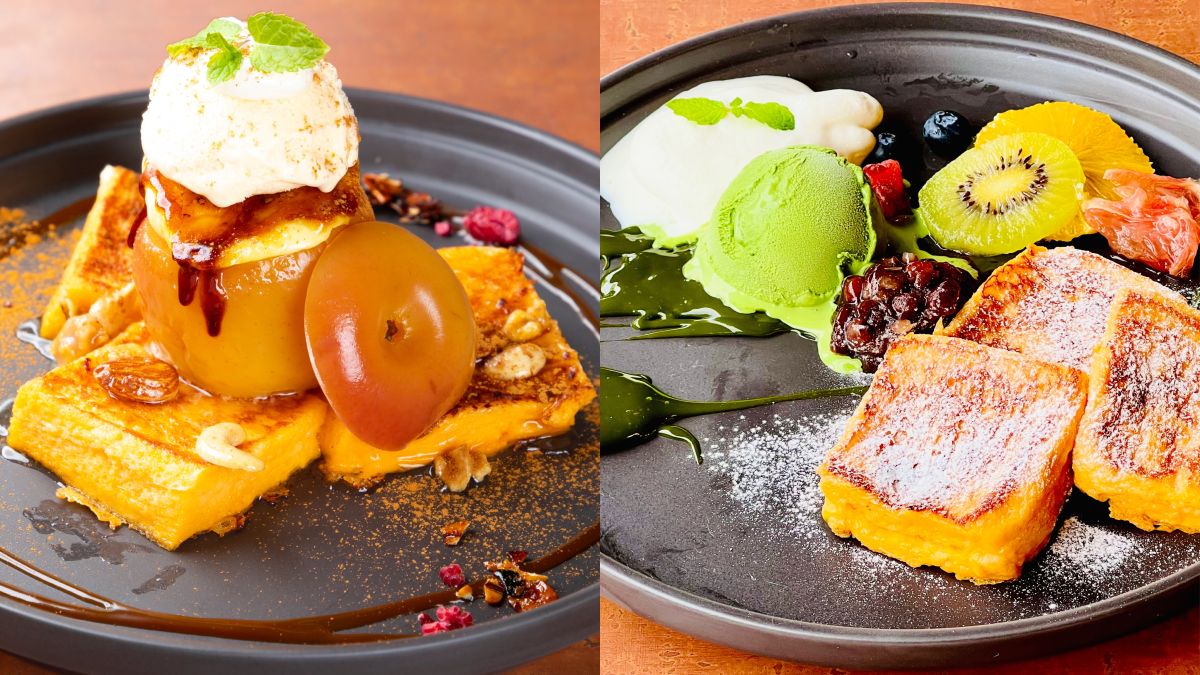 （写真左）「林檎の塩キャラメルフレンチトースト」1500円（写真右）「京抹茶とフルーツのフレンチトースト」1300円