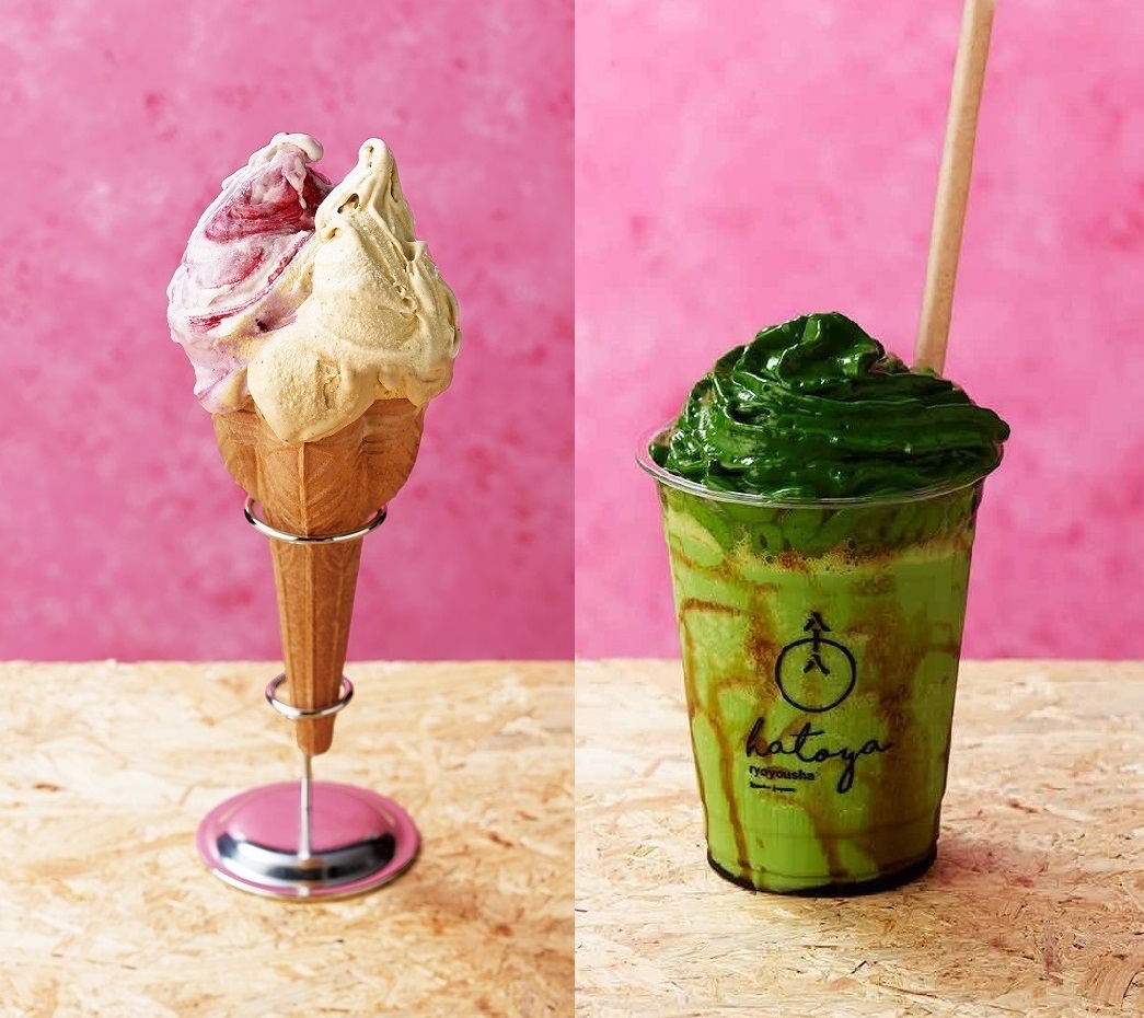 【宮城】ジェラテリア リベルタ／ジェラート2種盛［ピスタチとクリームチーズ～カシスソース～］（1個）651円　＊写真左【京都】八十八良葉舎／八十八シェイク（1杯）1,251円　＊写真右