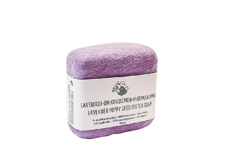 フェルトに包まれた石 けん。そのまま濡らして 使うことで、やさしく角 質除去できる。€16.50