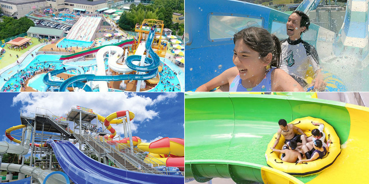 （左下から時計回りに）蓮沼ウォーターガーデン／サントピア岡山総社 レジャープールWAPS／ネスタリゾート神戸 “WATER FORT”／姫路セントラルパークアクエリア