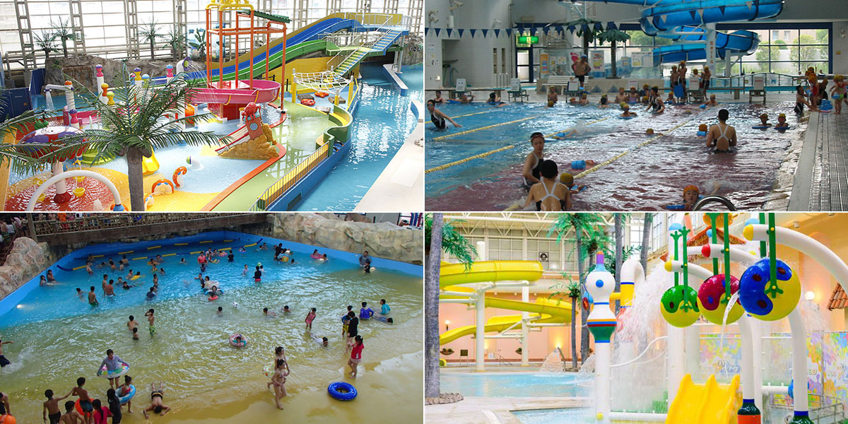 （左下から時計回りに）鶴見緑地プール／スパワールド世界の大温泉／大阪市立東淀川屋内プール／奈良健康ランド