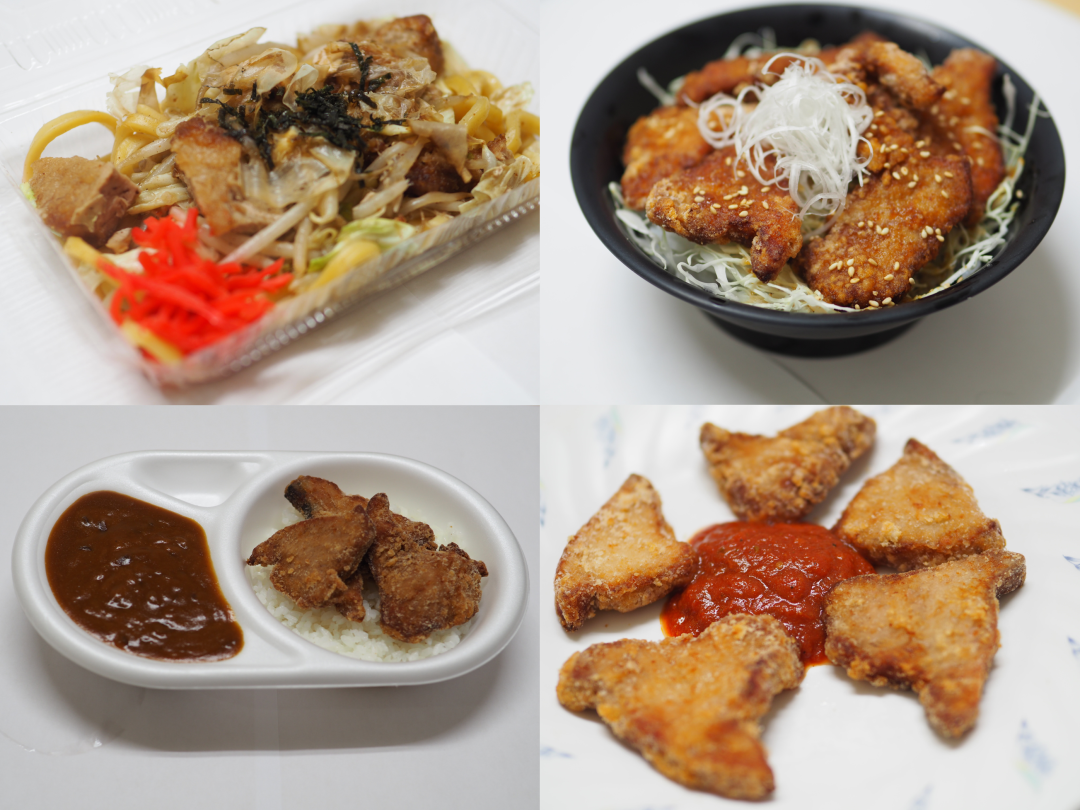 左上から時計回りに「かつおタツタ入り 南相馬焼そば」、「かつおタツタ丼」、「おつまみかつおタツタ トマトソース仕立て」、「かつおタツタカレー」