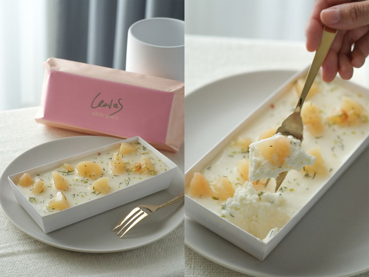 「レアチーズケーキ白桃 レモングラスとミントのソース」BOX 2500円 ※イートインは750円 ※夏の終わり頃まで販売予定