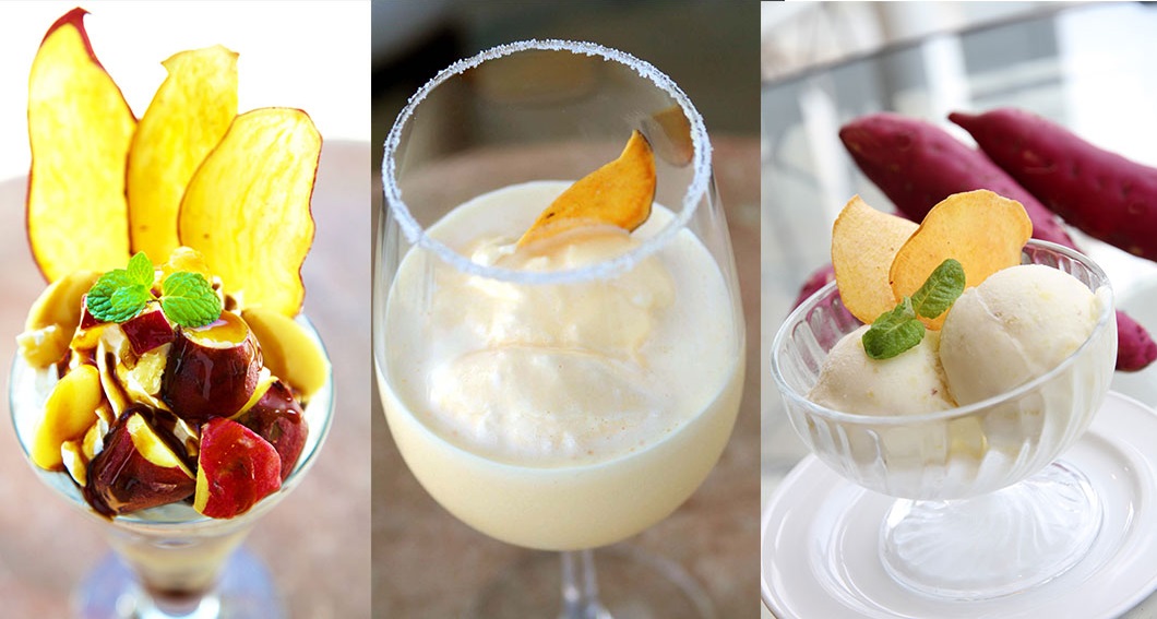 (左から)「鳴門金時パフェ」1200円、「鳴門金時スムージー」750円、「鳴門金時アイス」シングル550円/ダブル900円