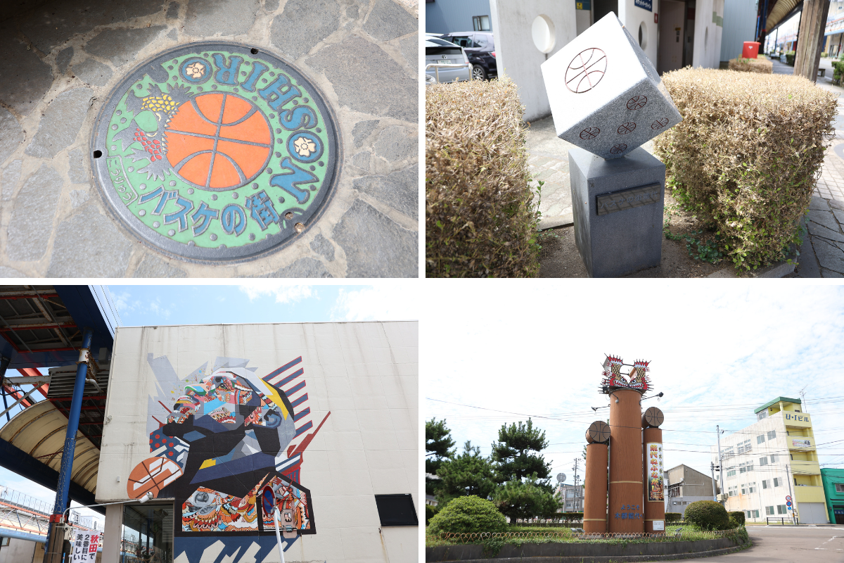 能代市内に点在するバスケスポット。左上から時計まわりに、マンホール蓋、バスケサイコロ、壁画アート、能代駅前のモニュメント