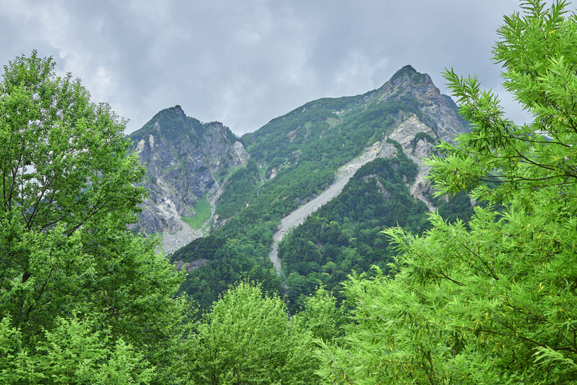 立つ稲穂のように鋭い明神岳を間近に望む