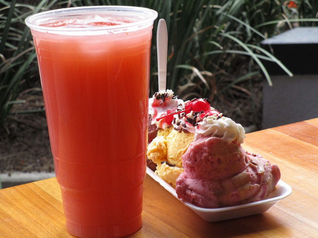 フレッシュジュース（グアバ、イチゴ、レモンのMIX）、３色のアイスクリームも美味しそうに見えて、フォトジェニック